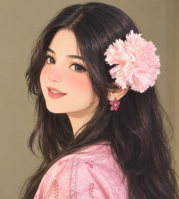 An illustrated portrait of a young woman with long dark hair wearing a pink floral dress, adorned with a large pink flower in her hair and pink flower earrings.