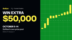 A promotional banner reads 'Sofften by Crypto+ Partners' with 'WIN EXTRA $50,000' during 'OCTOBER 5-14', set beside a yellow bar chart showing increasing values.