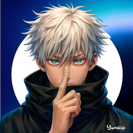 An anime-style illustration of a character with spiky white hair and blue eyes holding a finger to his lips, signed 'Yamskide' in the bottom right corner.
