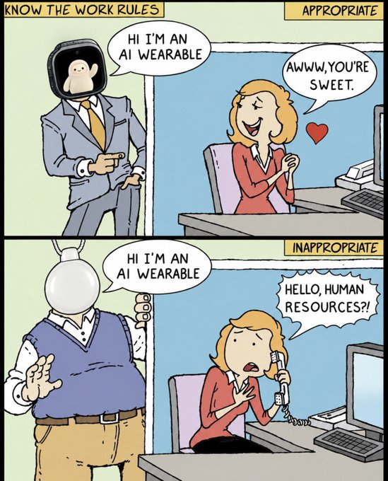 A two-panel 'KNOW THE WORK RULES' comic showing appropriate vs. inappropriate AI wearable introductions: the top shows a professional in a suit receiving a sweet compliment, while the bottom shows a robot-headed figure alarming an HR worker.