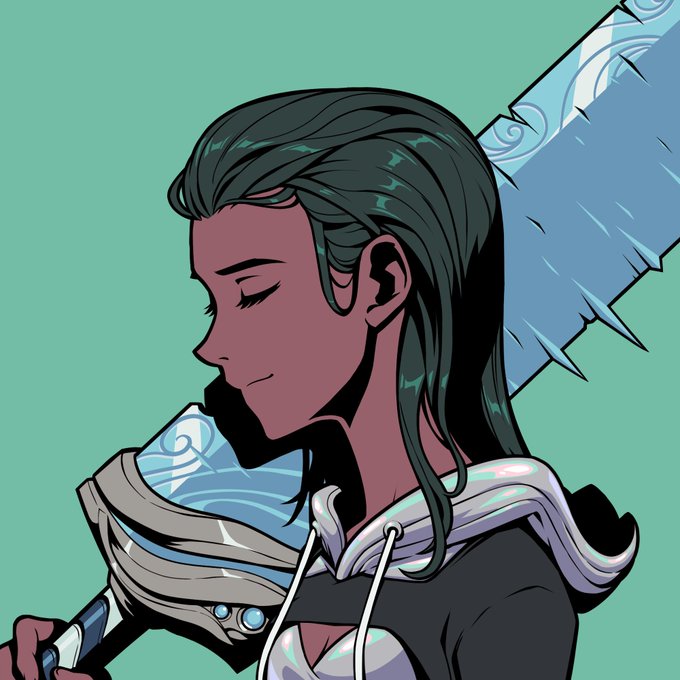 Illustration of a dark-haired woman in a hoodie holding a large icy sword over her shoulder, eyes closed.