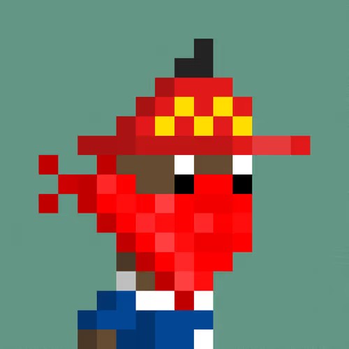 A pixel art illustration of a red, apple-like character wearing a hat with a yellow crown pattern, set against a teal background.