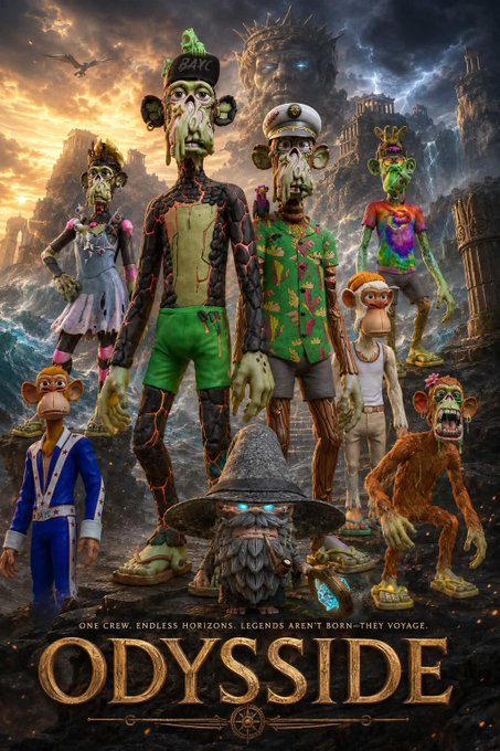 A movie poster featuring various cartoonish zombie and monkey characters, with the title 'ODYSSIDE' and the tagline 'ONE CREW. ENDLESS HORIZONS. LEGENDS AREN'T BORN—THEY VOYAGE.'