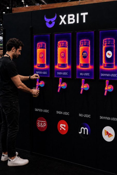 A man interacting with an XBIT crypto ATM kiosk displaying options for S&P500-USDC, SNDK-USDC, MUI-USDC, and SKHYNIX-USDC.