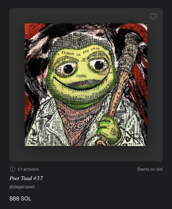 A digital artwork titled "Poet Toad #37" by @degenpoet, depicting a smiling green frog/toad character made of layered text and illustrations with a red background, listed at 888 SOL on an auction platform. The image cleverly visualizes the post's question about toad NFTs' value relative to BAYC, highlighting the hefty 888 SOL price tag that would need to be divided across many toads to match BAYC's floor price.