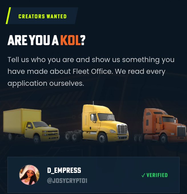 A promotional graphic for Fleet Office recruiting creators, asking 'ARE YOU A KOL?' and featuring three trucks, with a verified creator profile for 'D_EMPRESS @JOSYCRYPTO1'.