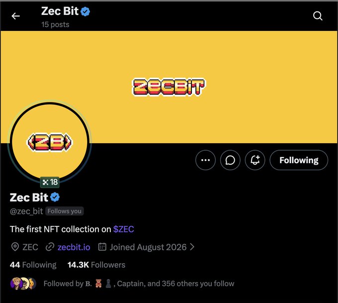 The image shows the X (Twitter) profile for "Zec Bit" (@zec_bit), a verified account with 14.3K followers promoting itself as "The first NFT collection on $ZEC," located on ZEC with a link to zecbit.io and joined August 2026. The profile relates to the accompanying post, which is shilling the account's free mint NFT drop on a new chain, offering guaranteed spots to interested followers.