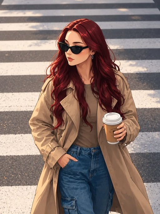 An illustrated woman with long wavy red hair, sunglasses, a tan trench coat, and jeans walks across a crosswalk holding a coffee cup.