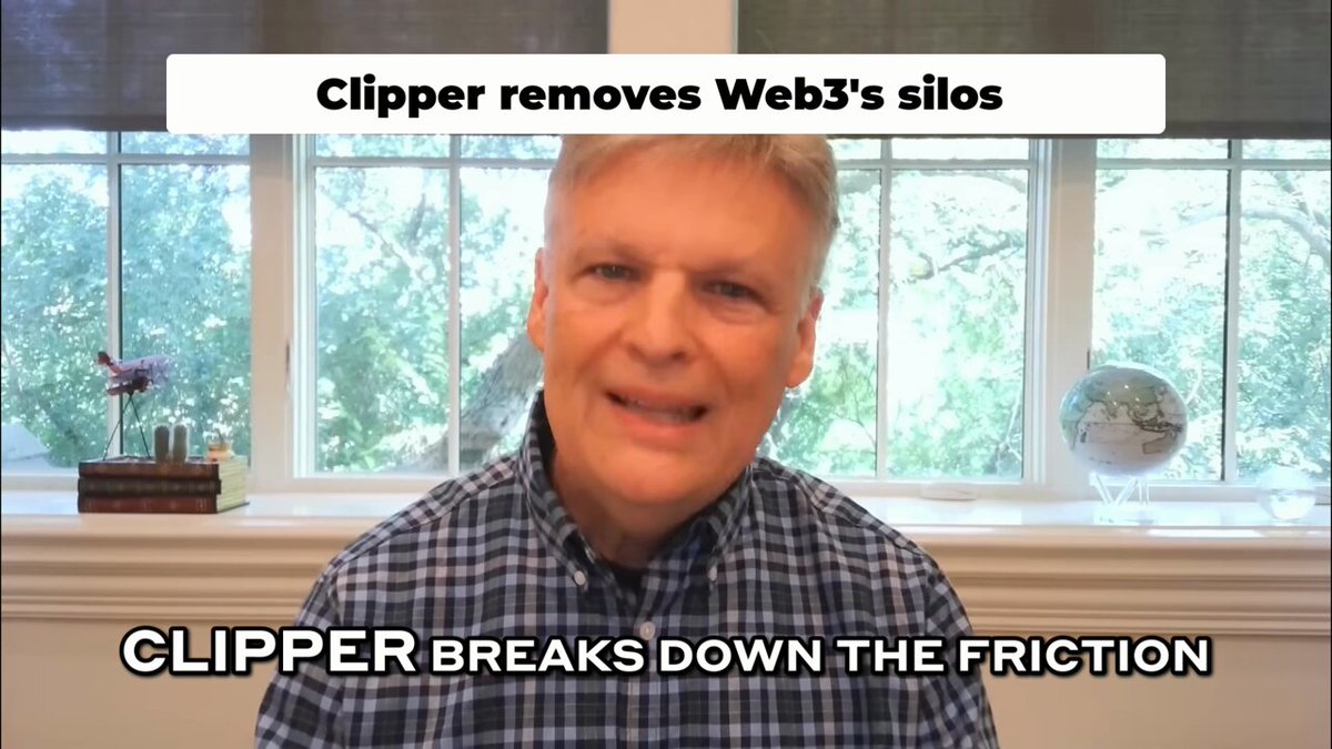 The image features a man wearing a plaid shirt sitting at a desk with a window behind him. The text in the image reads "Clipper removes Web3's sios" and "Clipper breaks down the friction". This suggests that the man is discussing or talking about the removal of certain aspects related to Web3, such as its sios (sockets), which could be causing friction within a network.