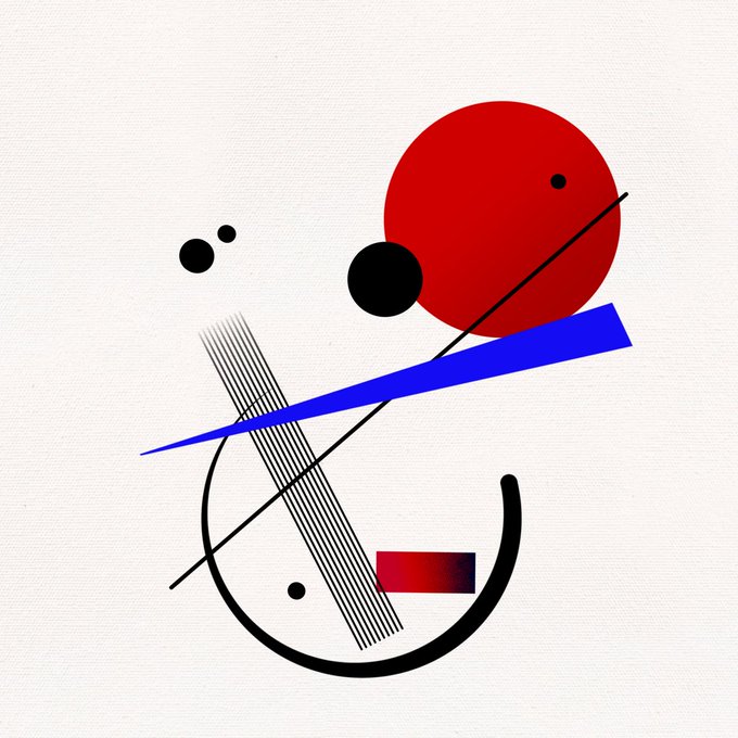 An abstract geometric composition featuring a large red circle, a black sphere, a blue diagonal rectangle, a hatched rectangle, and black lines on a textured off-white background, reminiscent of Constructivist art.