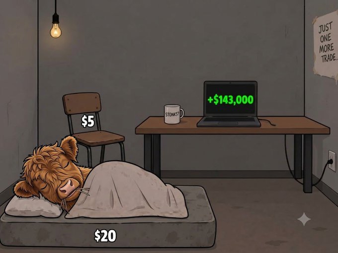 A cartoon illustration showing a bear with a curly haircut sleeping on a $20 mattress next to a $5 chair, while a laptop on a desk displays a '$143,000' profit, with a 'JUST ONE MORE TRADE' sign on the wall.