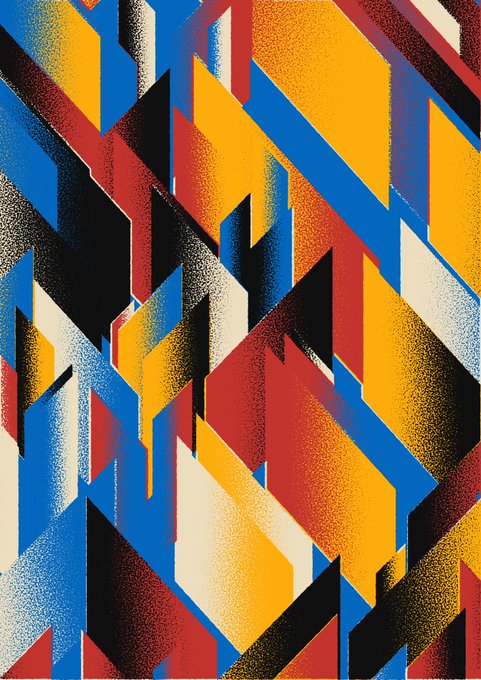 An abstract geometric artwork featuring overlapping angular shapes in bold colors of blue, orange, red, yellow, and black with a textured, spray-painted appearance.