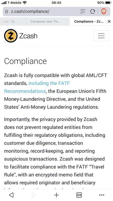 A mobile screenshot of the Zcash website's Compliance page explains that Zcash is compatible with global AML/CFT standards including FATF Recommendations, the EU's Fifth Money-Laundering Directive, and US Anti-Money Laundering regulations.