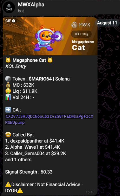 Telegram bot message from MWXAlpha featuring 'Megaphone Cat' as a KOL Entry token, listed as $MARIO64 on Solana with MC: $32K, Liq: $11.9K, and CA: CX2v7JSHJQDcNooubzzvZGBTPaDwbaPgFzcXRSWJpump.