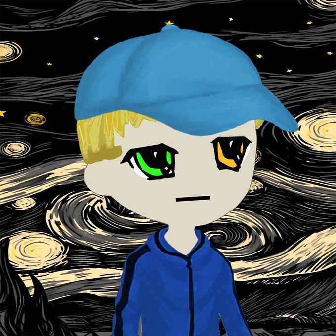 A digital artwork of a chibi-style character with blonde hair, a blue cap and jacket, and mismatched green and yellow eyes, set against a Van Gogh "Starry Night"-inspired background.