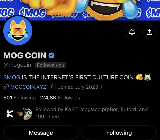 A screenshot of the official MOG COIN (@mogcoin) X/Twitter profile shows a verified meme coin account with 124.8K followers, branding itself as "the internet's first culture coin" with 501 following since joining July 2023. The post tagging @mogcoin playfully references "mogging," connecting to the coin's identity as a culture-driven meme token.