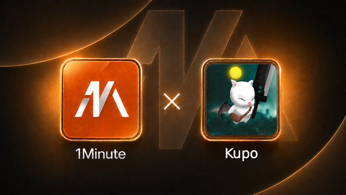 Digital graphic announcing a collaboration between "1Minute" and "Kupo" apps, displayed with glowing orange and green icons against a dark background.