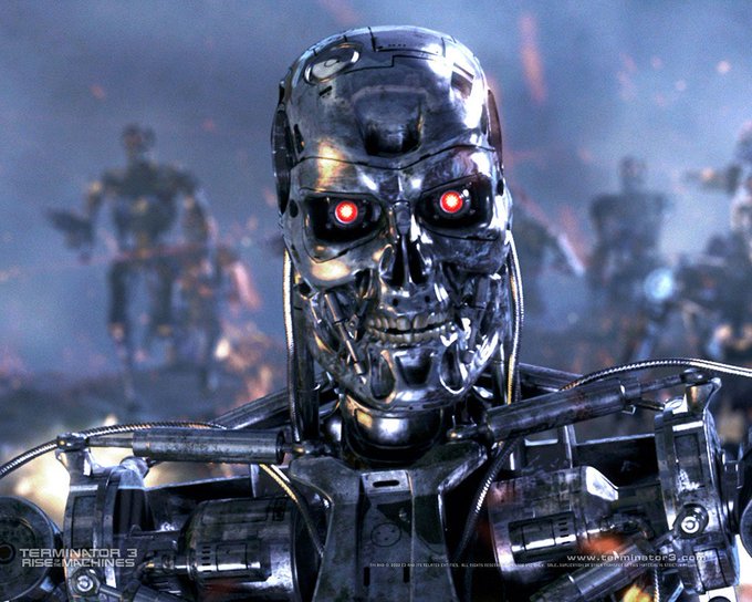 A menacing metallic endoskeleton robot with glowing red eyes, identified by text as 'TERMINATOR 3 RISE OF THE MACHINES', stands in the foreground with other robots visible in the smoky background.