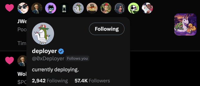 A Twitter/X profile popup for 'deployer' (@0xDeployer) with a verified checkmark, showing the status 'currently deploying.' and 57.4K followers.