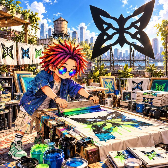 an anime-style artist with red dreadlocks and round sunglasses screen-prints a colorful butterfly design on a rooftop studio overlooking the water