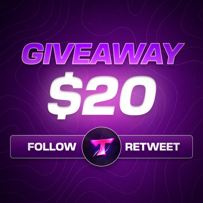 A purple promotional graphic advertising a "GIVEAWAY $20" with instructions to "FOLLOW" and "RETWEET" alongside a stylized "T" logo icon in the center.