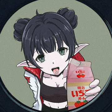 An anime-style illustration depicts a dark-haired elf girl with twin buns, playfully sticking out her tongue while holding a strawberry milk carton labeled with Japanese text "明治 いちご."
