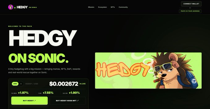 A screenshot of the 'HEDGY ON SONIC' cryptocurrency website, showing a current USD price of '$0.002672' (+1.97%) alongside a cartoon hedgehog mascot wearing sunglasses.