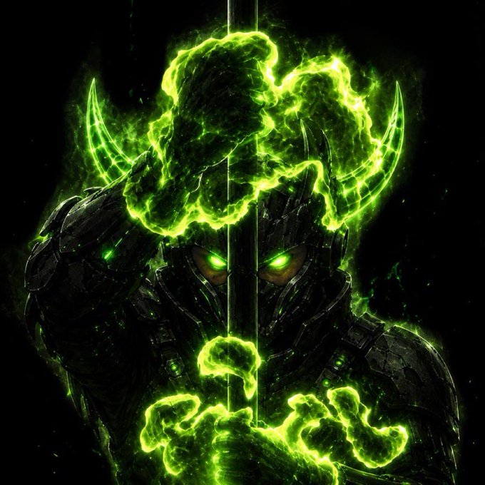 A heavily armored warrior with glowing green eyes and helmet stands engulfed in ethereal green flames while holding a vertical sword, the supernatural glow matching the dreamlike, meme-coin energy behind the bullish $Ansem price prediction of $2.5.