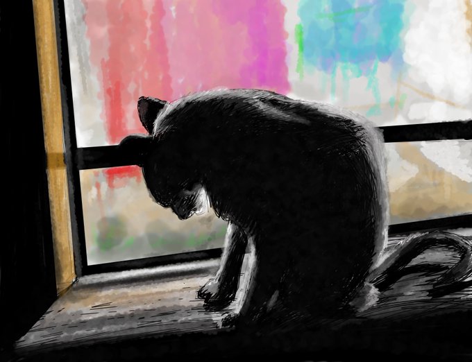 A stylized digital illustration of a black cat sitting hunched on a windowsill, silhouetted against a brightly colored window with pink, blue, and yellow hues.