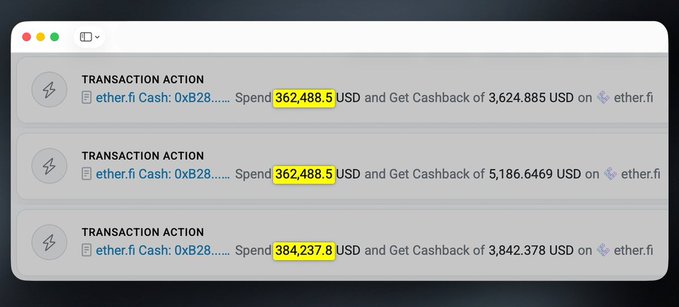 A digital interface shows three 'TRANSACTION ACTION' entries on ether.fi involving large USD amounts and cashback rewards, with the values highlighted in yellow.