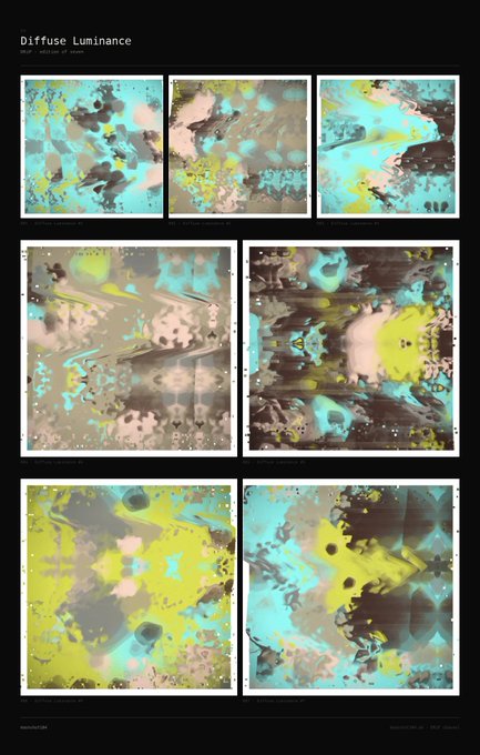 The image displays a collection of six different abstract art pieces, each featuring unique blue, green, black, yellow or brown colors with interesting patterns and designs. The artwork has an abstract style that might evoke curiosity about the artist's intention behind these shapes and colors. One could be tempted to join the conversation on the post by providing their thoughts on this intriguing art collection. In the caption provided, the viewer is encouraged to do so before 20:00 UK time.