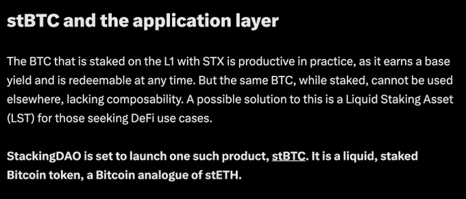 Text titled 'stBTC and the application layer' discussing how BTC staked on L1 with STX is productive but lacks composability, and announcing StackingDAO's stBTC product.