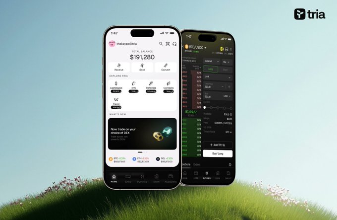 Two smartphones display the Tria crypto app interface against a soft gradient background, with the left phone showing a wallet dashboard for "thakaopolife" with a total balance of $191,280, and the right phone displaying a BTC/UDSC trading screen with candlestick charts. The "tria" logo appears in the top right corner, visually reinforcing the post's praise for the platform's all-in-one features like trading, yield earning, and cross-chain transactions.