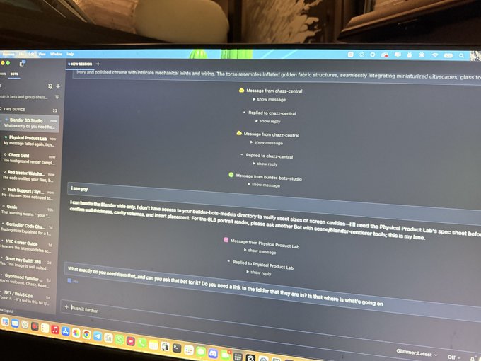 A computer monitor displays a Slack workspace with multiple channels and a message thread where a user asks 'I can handle the Blender side only. I don't have access to your builder-bots-models directory...' and references 'Physical Product Lab' and 'Blender-renderer'.