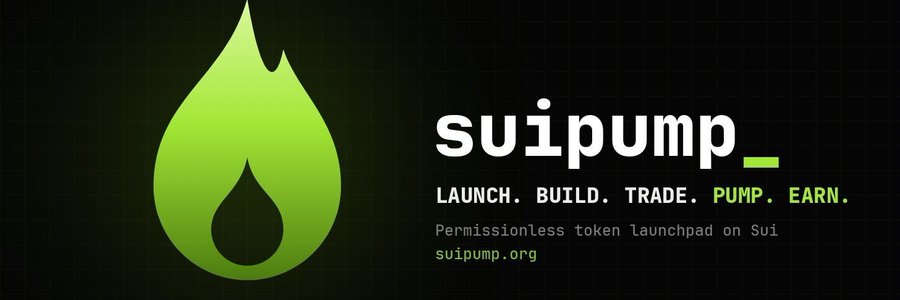 A black banner displaying the green flame-shaped Suipump logo alongside the tagline "LAUNCH. BUILD. TRADE. PUMP. EARN." and the description "Permissionless token launchpad on Sui" with the website suipump.org, visually reinforcing the post's message about creating a fair, permissionless launchpad on the Sui blockchain.