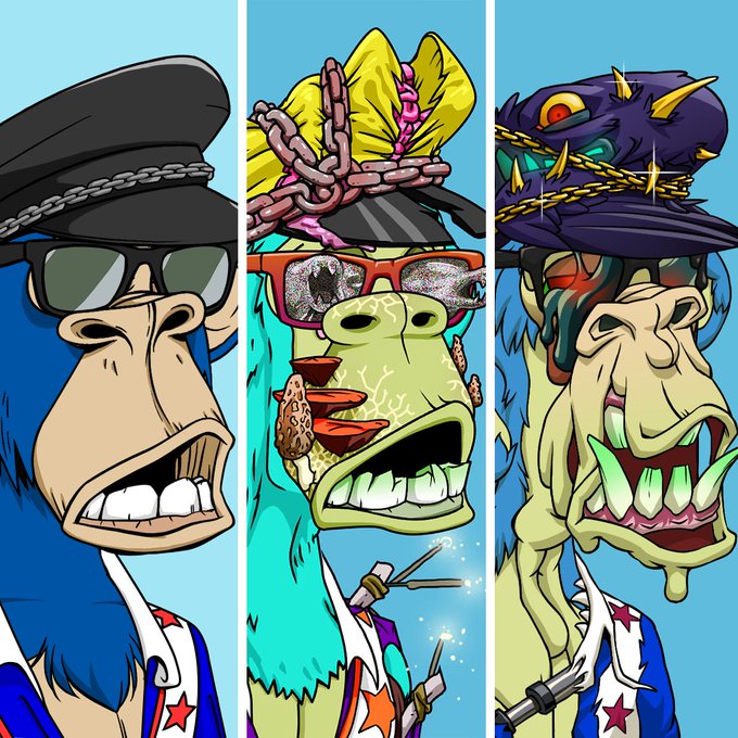A triptych cartoon illustration of three exaggerated blue and green ape characters, each wearing different accessories including a captain's hat, pink sunglasses, and a spiked dragon helmet.