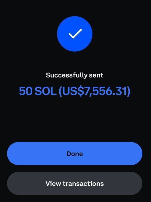 A successful transaction confirmation screen showing "50 SOL (US$7,556.31)" has been sent, supporting the post's giveaway announcement promising 50 SOL to 4 winners who like, retweet, and drop their wallets to @0xkenzolee.