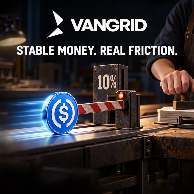 An advertisement for 'VANGRID' with the tagline 'STABLE MONEY. REAL FRICTION,' showing a USDC coin at a toll booth with a 10% barrier.