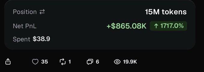 A social media post screenshot displaying trading stats showing a 15M token position with a Net PnL of +$865.08K (up 1717.0%) from a spent amount of $38.9, garnering 35 likes, 1 repost, 6 replies, and 19.9K views. The image serves as visual proof for the caption's claim about someone making massive profits from a small investment on-chain, reinforcing the "BULLIEVE AND HODL" message.