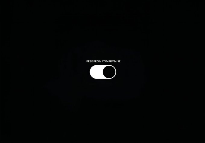 A black screen displaying the text "FREE FROM COMPROMISE" above a minimalist white pill-shaped toggle switch in the off position, reinforcing the post's "gm this mode is always on" sentiment by visually suggesting a commitment to an unwavering, uncompromised stance.