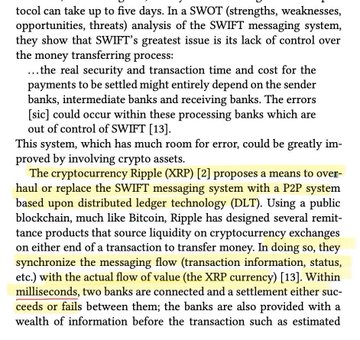 The image shows a page from a book, which has a yellow highlight over some text that reads "XRP = Millisecond Level Settlement Speed Documented 2x." This indicates that there are two banks involved in this transaction, with one bank providing XRP currency and the other accepting it as payment. The text also mentions that the message flow is being used to transfer value between these banks.