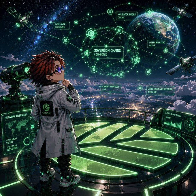 A red-haired anime character in a white lab coat overlooks a futuristic control room displaying a glowing green "CNDPY" logo, with holographic network panels reading "SOVEREIGN CHAINS CONNECTED," "VALIDATOR NODES ONLINE," "ZERO TRUST ARCHITECTURE SECURED," and "NETWORK OVERVIEW — ACTIVE NODES 24,789, SYNC STATUS 100% DATALINK." The image visually reinforces the post's emphasis on Canopy Network's technical fundamentals, depicting the infrastructure-focused strengths (validators, security, and network reliability) that the author values over flashy narratives.