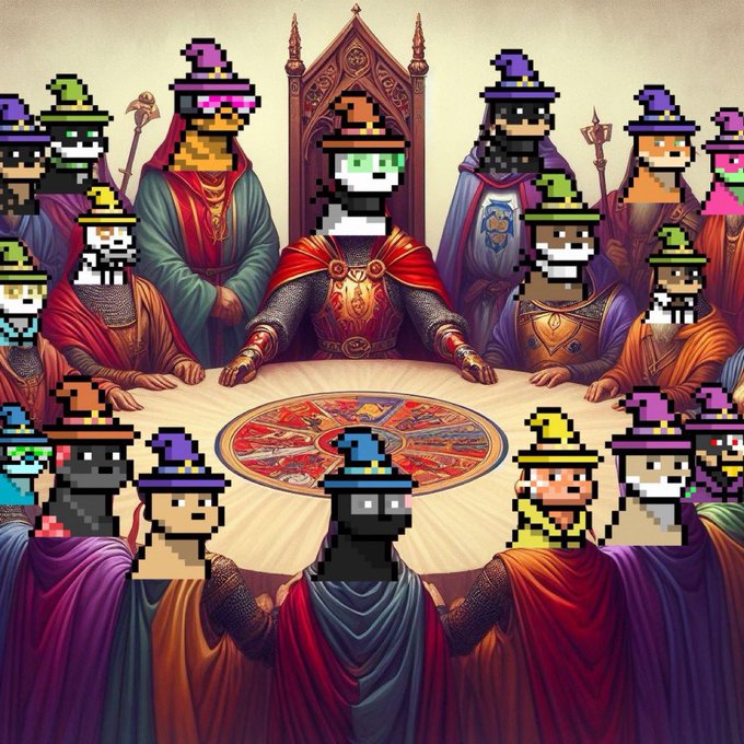 Digital artwork depicting a royal council seated around a circular table in the style of King Arthur's court, with several figures' faces replaced by colorful pixel-art character avatars.