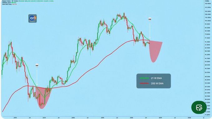 A candlestick chart of the "DOLLAR INDEX" displays a "death cross" pattern where the green 21 WEMA line drops below the red 200 WEMA line, highlighted with red shaded zones, illustrating the bearish technical signal referenced in the Bitcoin death cross post.