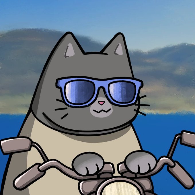 A digital illustration of a gray cat wearing blue sunglasses while riding a motorcycle, with the sea and cloudy sky in the background.