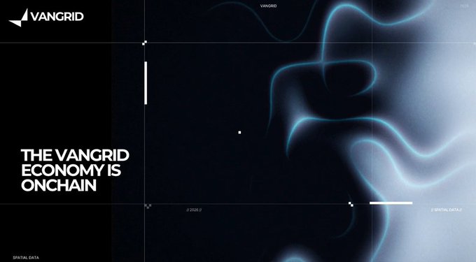 A sleek dark interface with 'VANGRID' branding and the text 'THE VANGRID ECONOMY IS ONCHAIN' alongside glowing blue abstract waves.