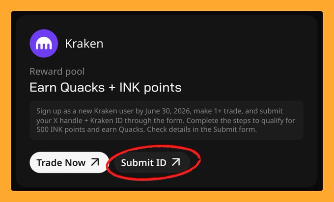 The image shows a sign-up page for a trading platform called "Quacks" that offers rewards for users who participate in trading activities. The main focus of the image is an email address, which is highlighted with a red arrow pointing at it. The text on the screen reads "Submit your X and Kraken ID to the campaign form." This suggests that users need to provide their X and Kraken ID before they can start participating in the Quacks trading platform's rewards program.