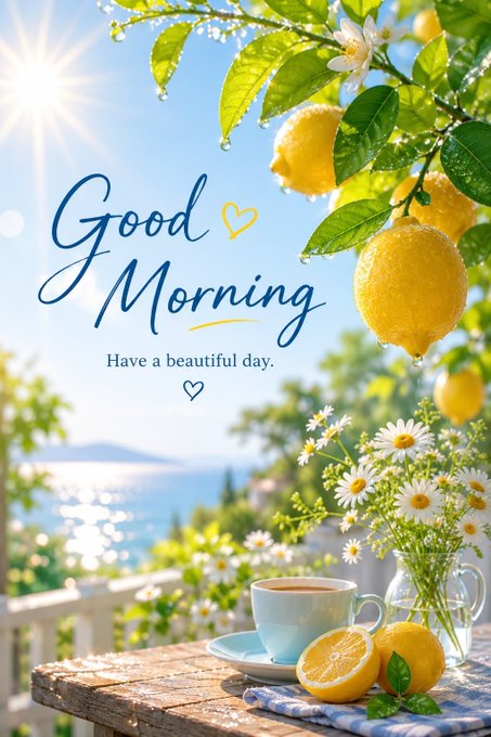 A cheerful greeting card-style image with 'Good Morning' and 'Have a beautiful day.' text, showing a coastal view, a cup of coffee, fresh lemons, and daisies on a wooden table.