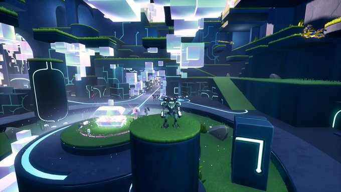 A screenshot from a video game featuring a robotic character standing on a grassy platform in a futuristic, neon-lit digital environment with floating cubes and circuitry patterns.