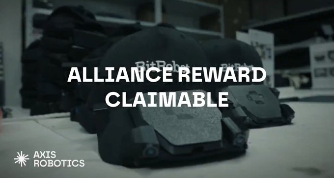 An image of a black BitRobot from Axis Robotics with text overlay reading 'ALLIANCE REWARD CLAIMABLE'.